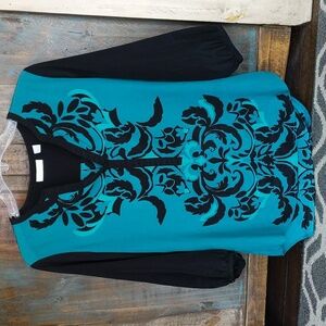 New York & Company Teal & Black V-Neck Blouse - Small